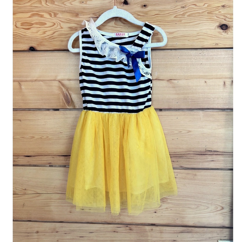 Sandy Kids‎ Girls Striped Tulle Dress Yellow Black White Lace Bow Size 110
